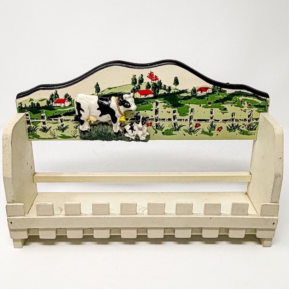 Vintage Country Farm Cow Spice Rack Wall Shelf Wooden Kitchen Organizer